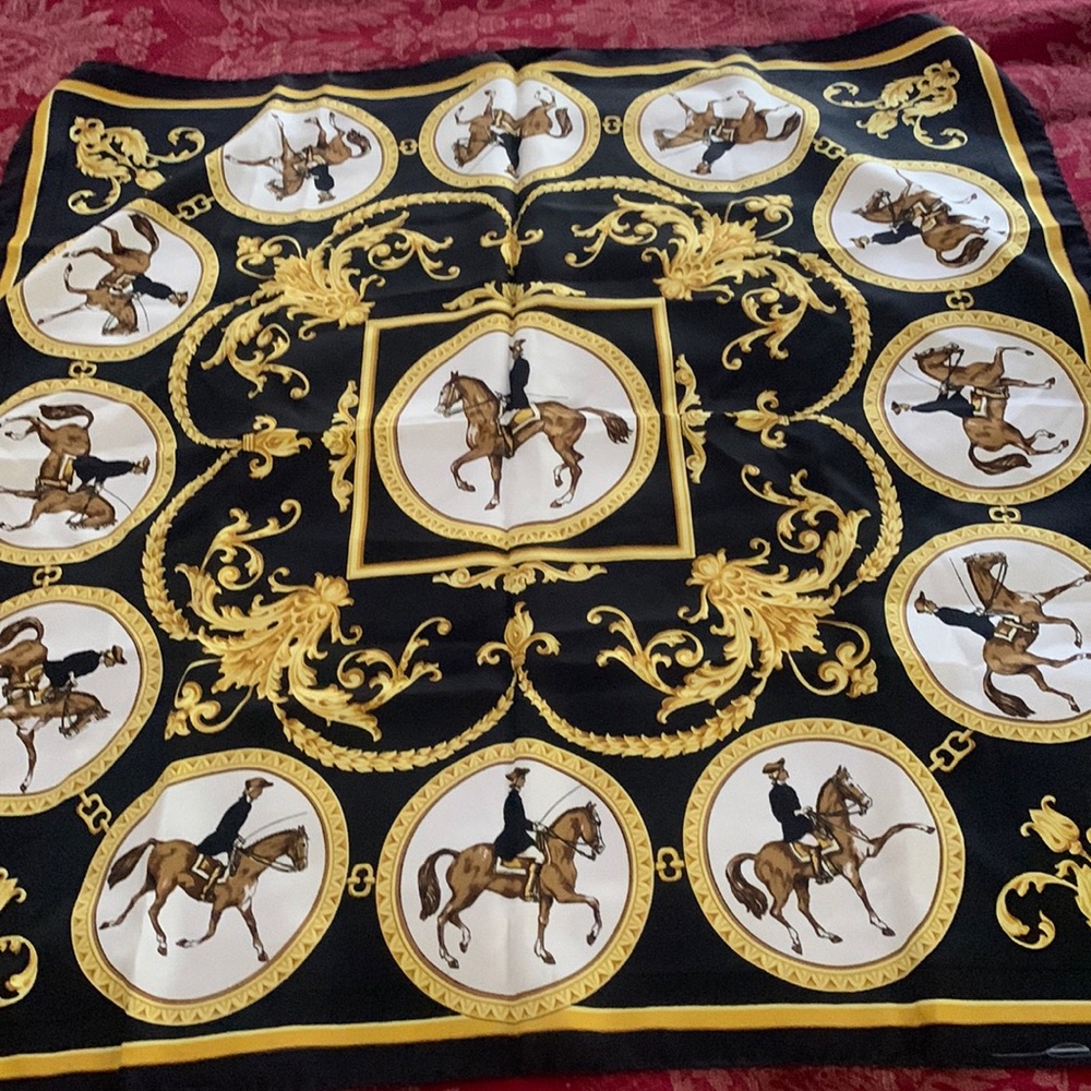 Vintage amazing design signed Erre silk equestrian square scarf rolled edges 29”